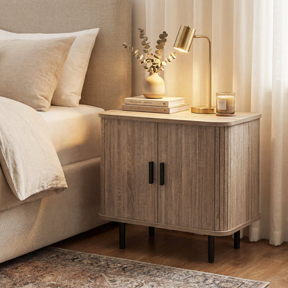 End Table Modern Mid Century Nightstand with Sliding Tambour Doors and Storage Shelf-Black