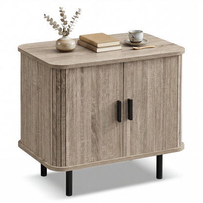 End Table Modern Mid Century Nightstand with Sliding Tambour Doors and Storage Shelf-Black