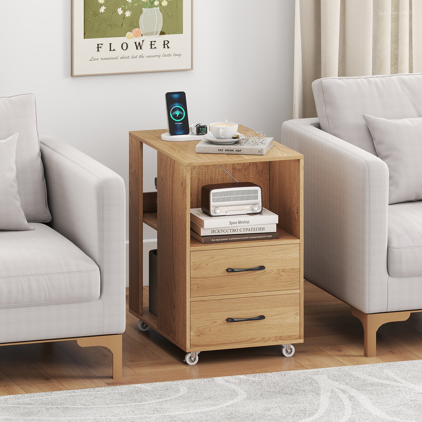 End Table with Built-in Charging Station Sofa Side Bedside Table on Wheels-Natural