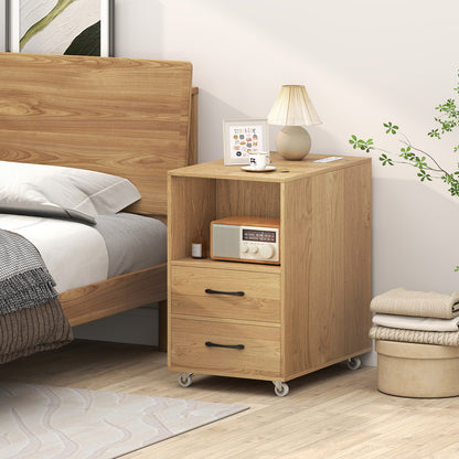 End Table with Built-in Charging Station Sofa Side Bedside Table on Wheels-Natural