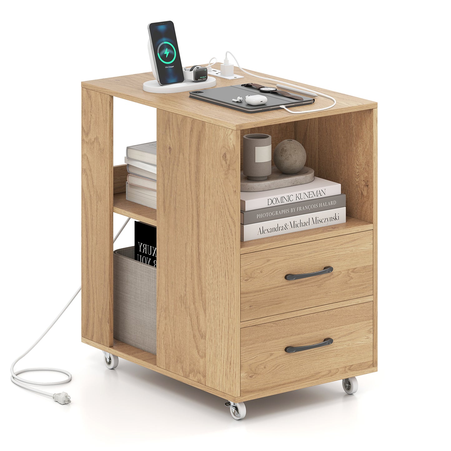 End Table with Built-in Charging Station Sofa Side Bedside Table on Wheels-Natural