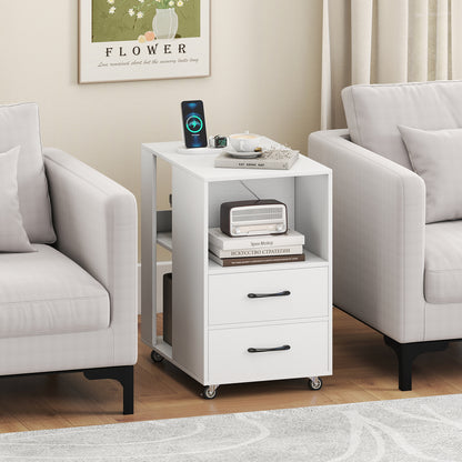 End Table with Built-in Charging Station Sofa Side Bedside Table on Wheels-Natural