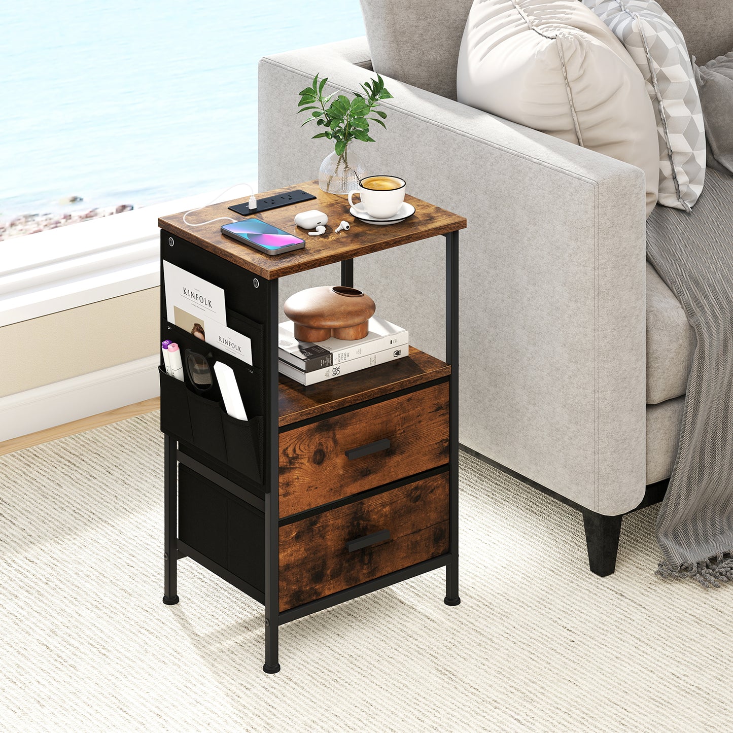End Table with Charging Station Set of 1 Nightstand with 2 Folding Fabric Drawers