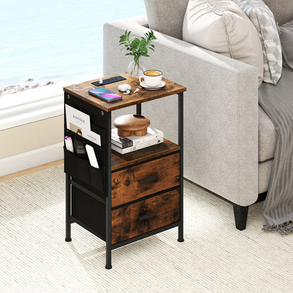 End Table with Charging Station Set of 1 Nightstand with 2 Folding Fabric Drawers