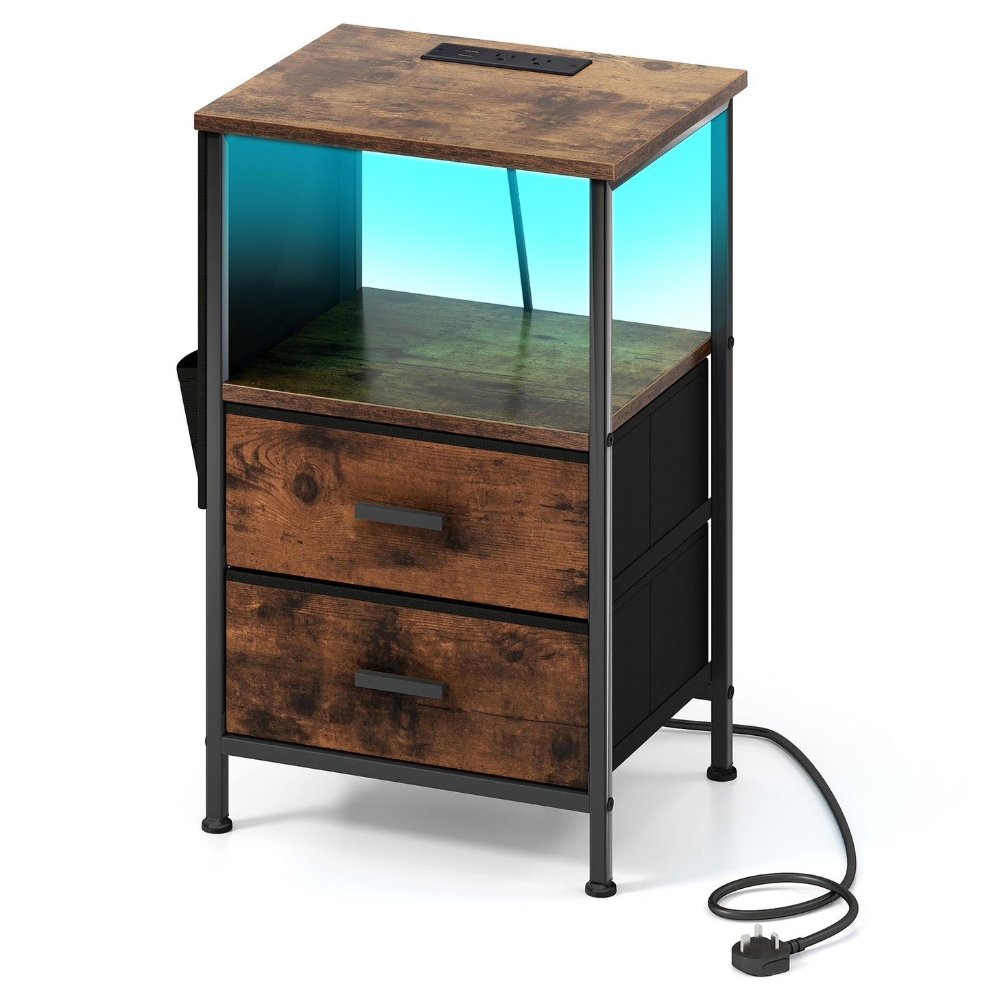 End Table with Charging Station Set of 1 Nightstand with 2 Folding Fabric Drawers