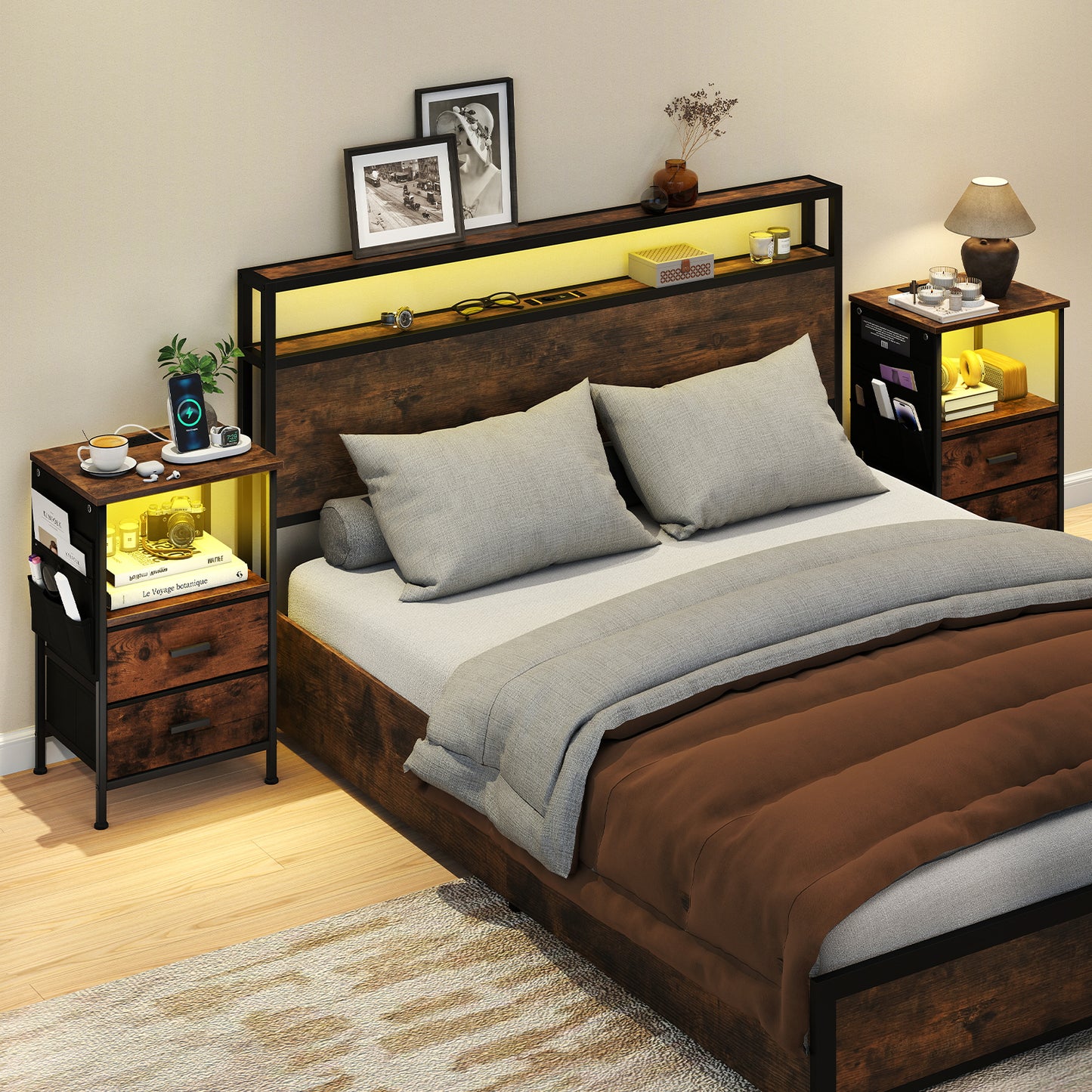 End Table with Charging Station Set of 1 Nightstand with 2 Folding Fabric Drawers