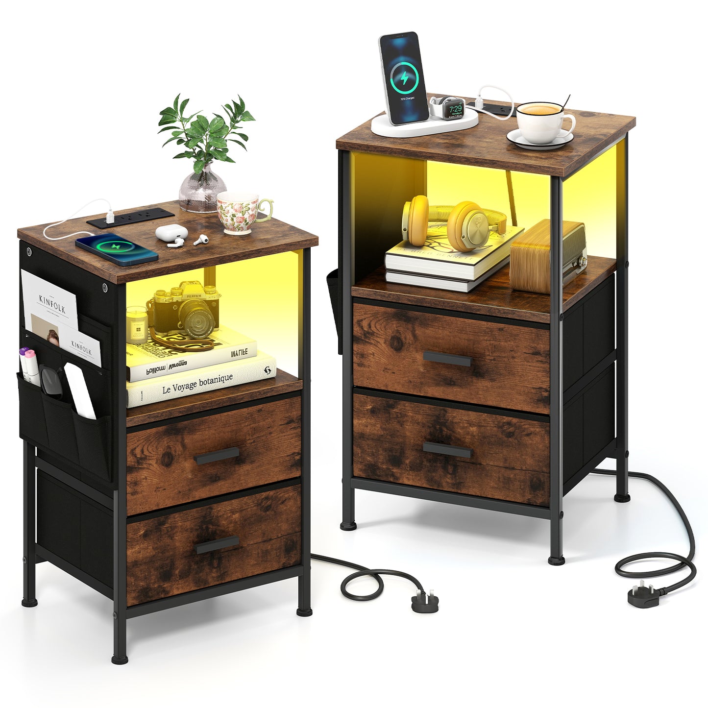 End Table with Charging Station Set of 1 Nightstand with 2 Folding Fabric Drawers