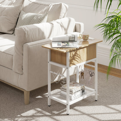 Wooden end table with built-in charging station, USB ports, outlets, and a flip top for convenient living room storage.