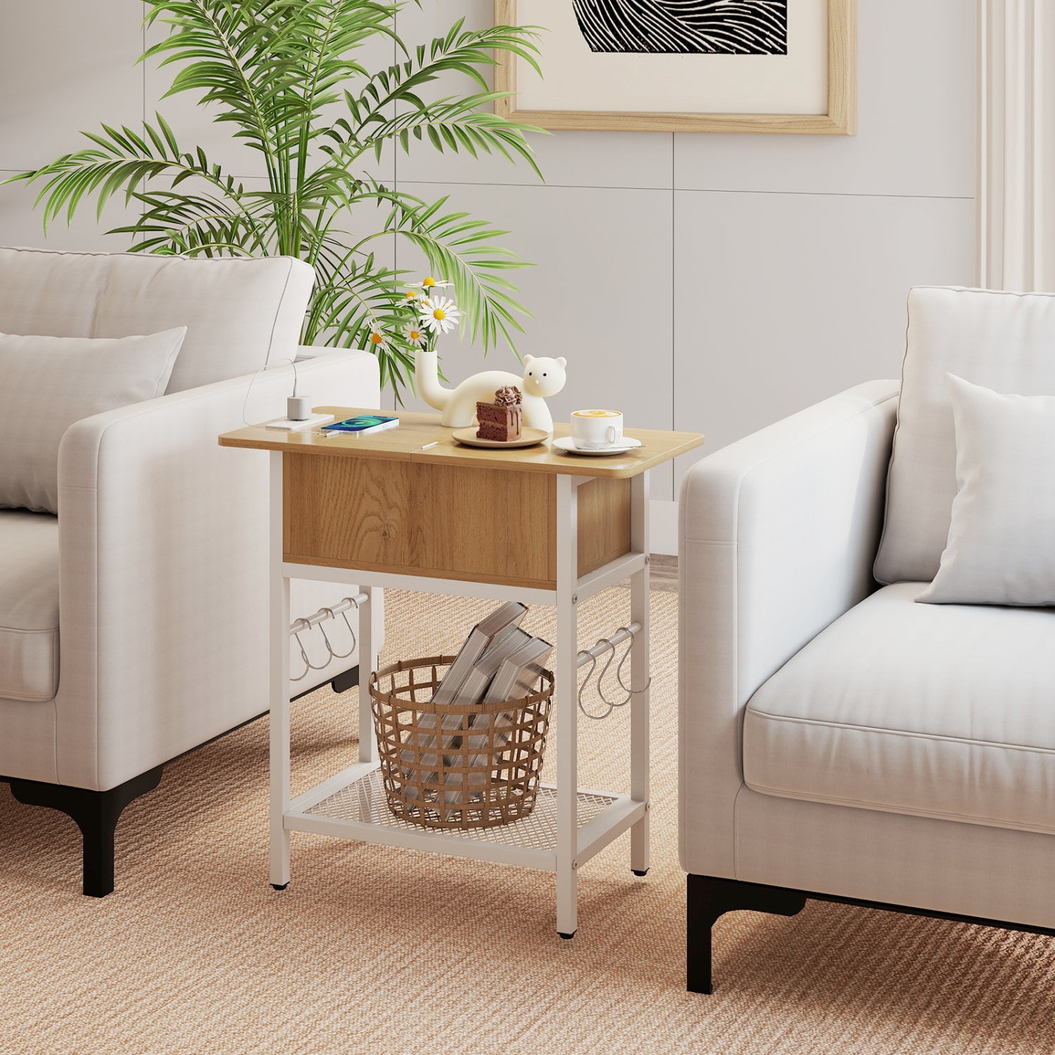 End table with charging station, USB ports, outlets, and flip top, designed for living room use, by Wilsons Home Store.