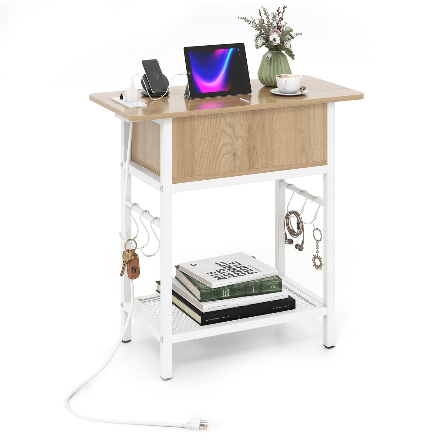 Wooden end table with built-in charging station featuring USB ports, outlets, and a flip-top design for living room convenience.