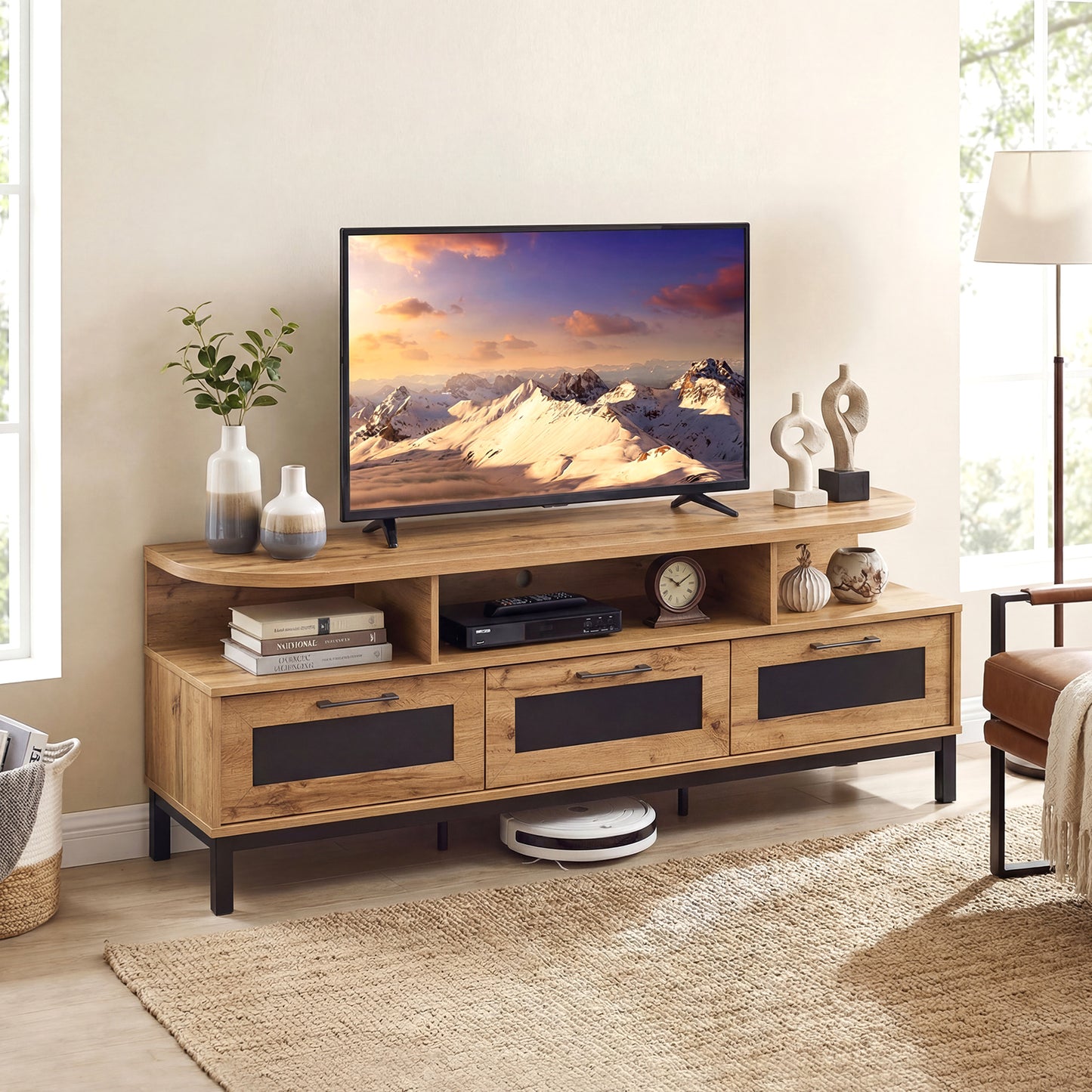 Entertainment Center with 3 Storage Drawers and Open Shelves-Natural