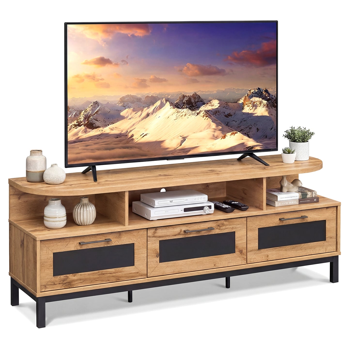 Entertainment Center with 3 Storage Drawers and Open Shelves-Natural