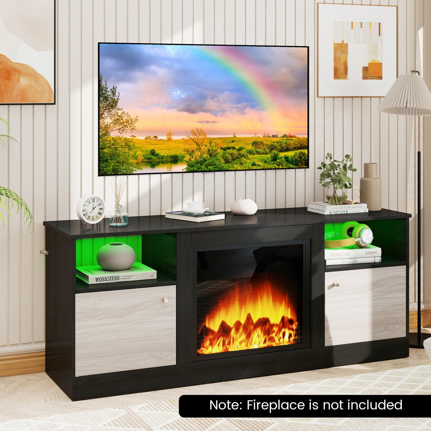 Black entertainment center with adjustable shelf and open compartment for 65-inch TVs, designed for living room use.