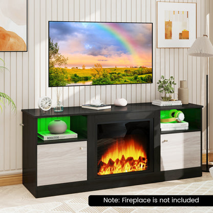 Black entertainment center with adjustable shelf and open compartment for 65-inch TVs, designed for living room use.