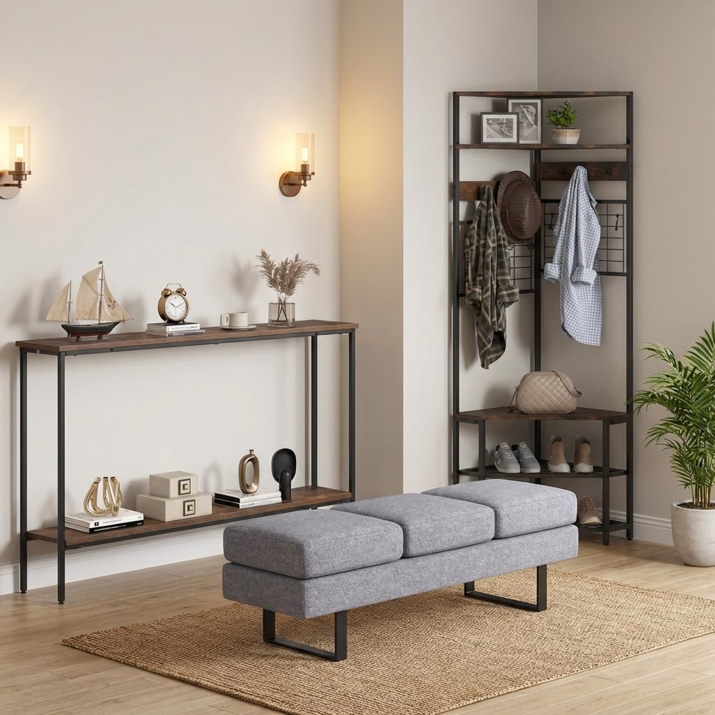 Entryway Set with 44 Inch Console Table 5-Tier Corner Hall Tree and Waiting Room Bench