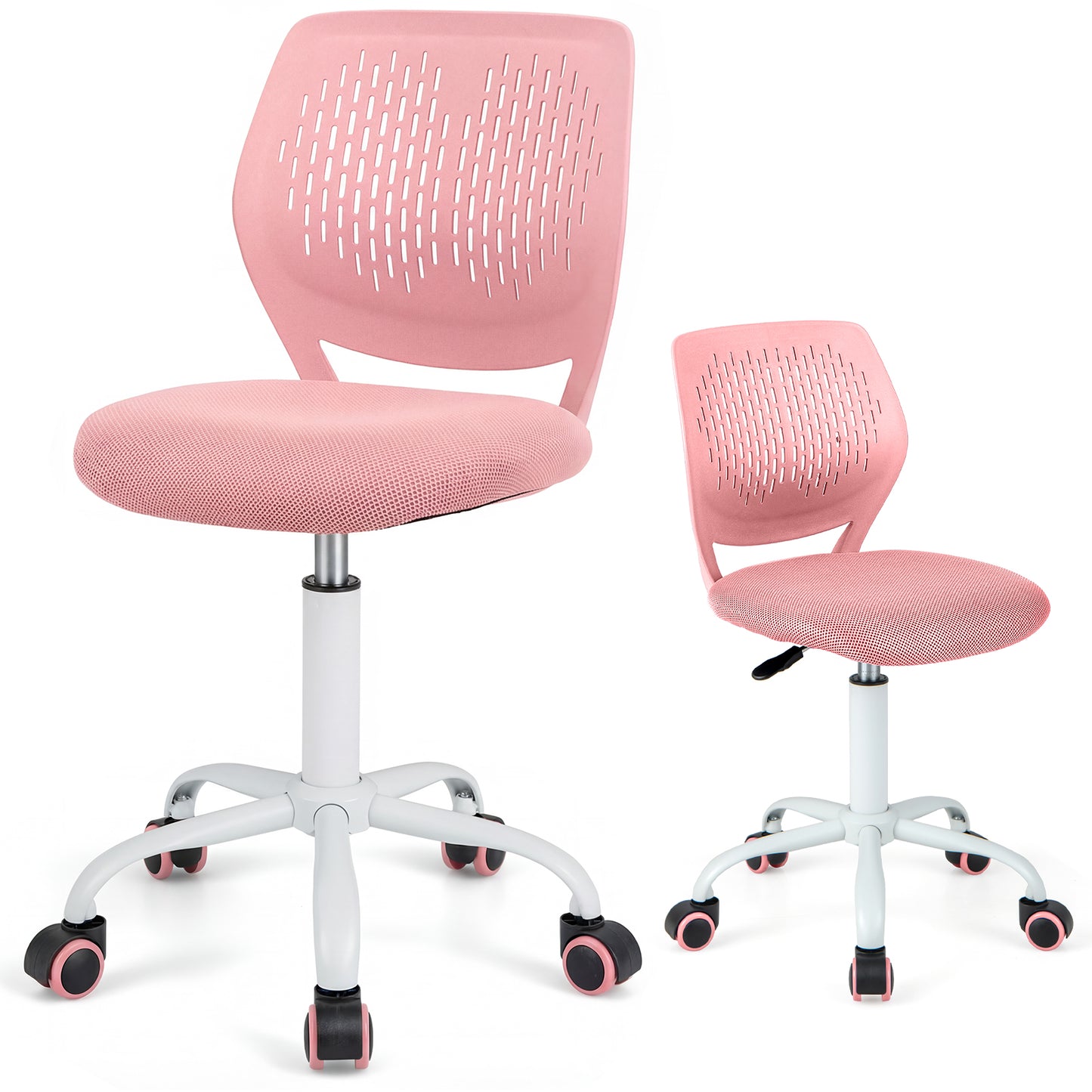 Light pink ergonomic children's study chair with adjustable height, designed for toddlers and kids, featuring supportive backrest.