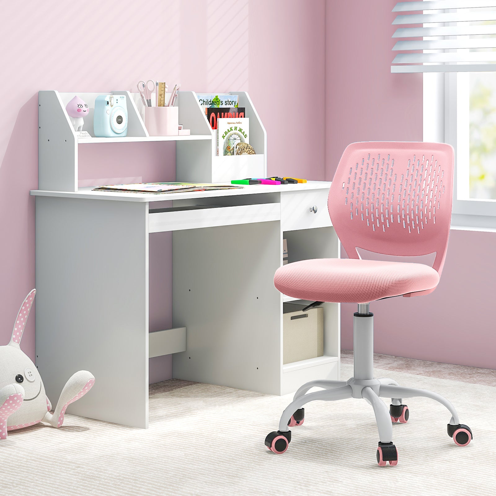 Light pink ergonomic children’s study chair with adjustable height, designed for toddlers and kids, by Wilsons Home Store.