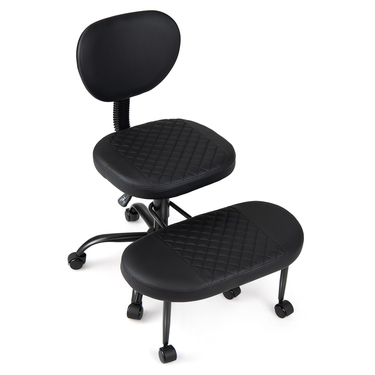 Black ergonomic cross-legged office chair with height-adjustable seat for comfortable home office seating.