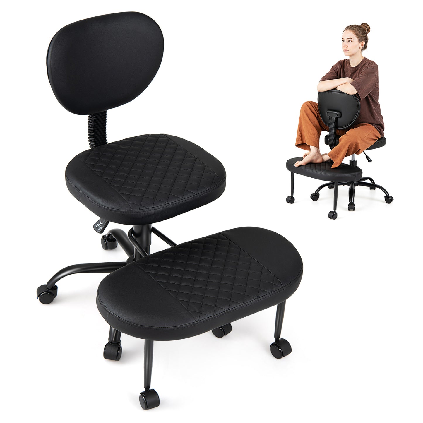 Black ergonomic cross-legged office chair with height-adjustable seat, designed for comfortable home office seating.