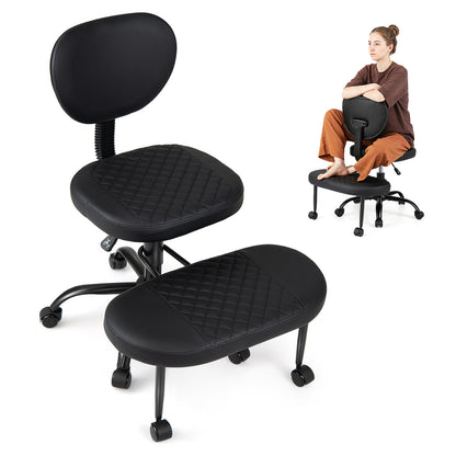 Black ergonomic cross-legged office chair with height-adjustable seat, designed for comfortable home office seating.