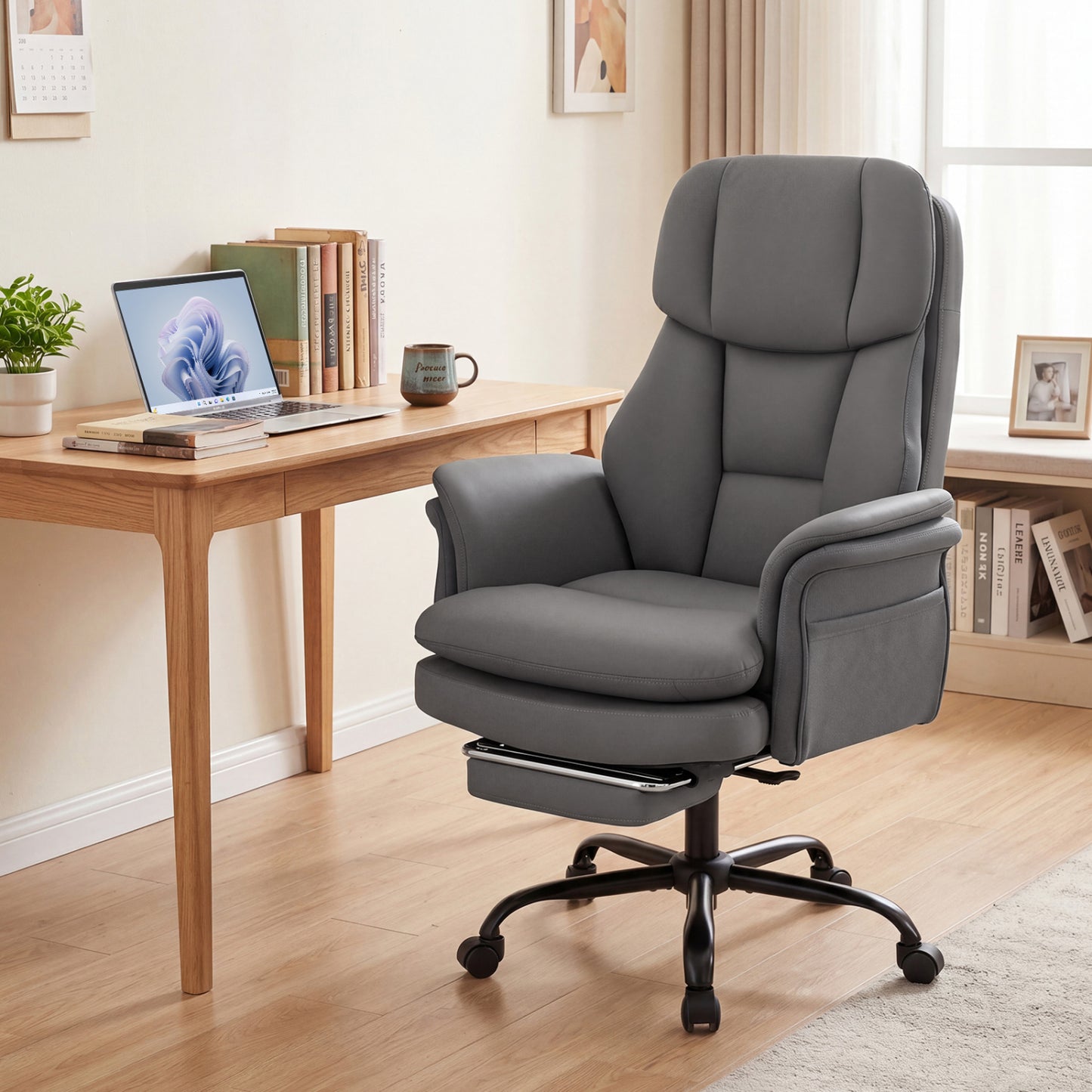 Ergonomic Cross Legged Office Chair Big and Tall Executive Chair with Retractable Footrest-Black