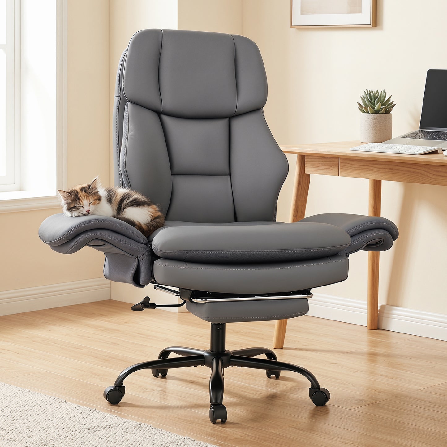 Ergonomic Cross Legged Office Chair Big and Tall Executive Chair with Retractable Footrest-Black