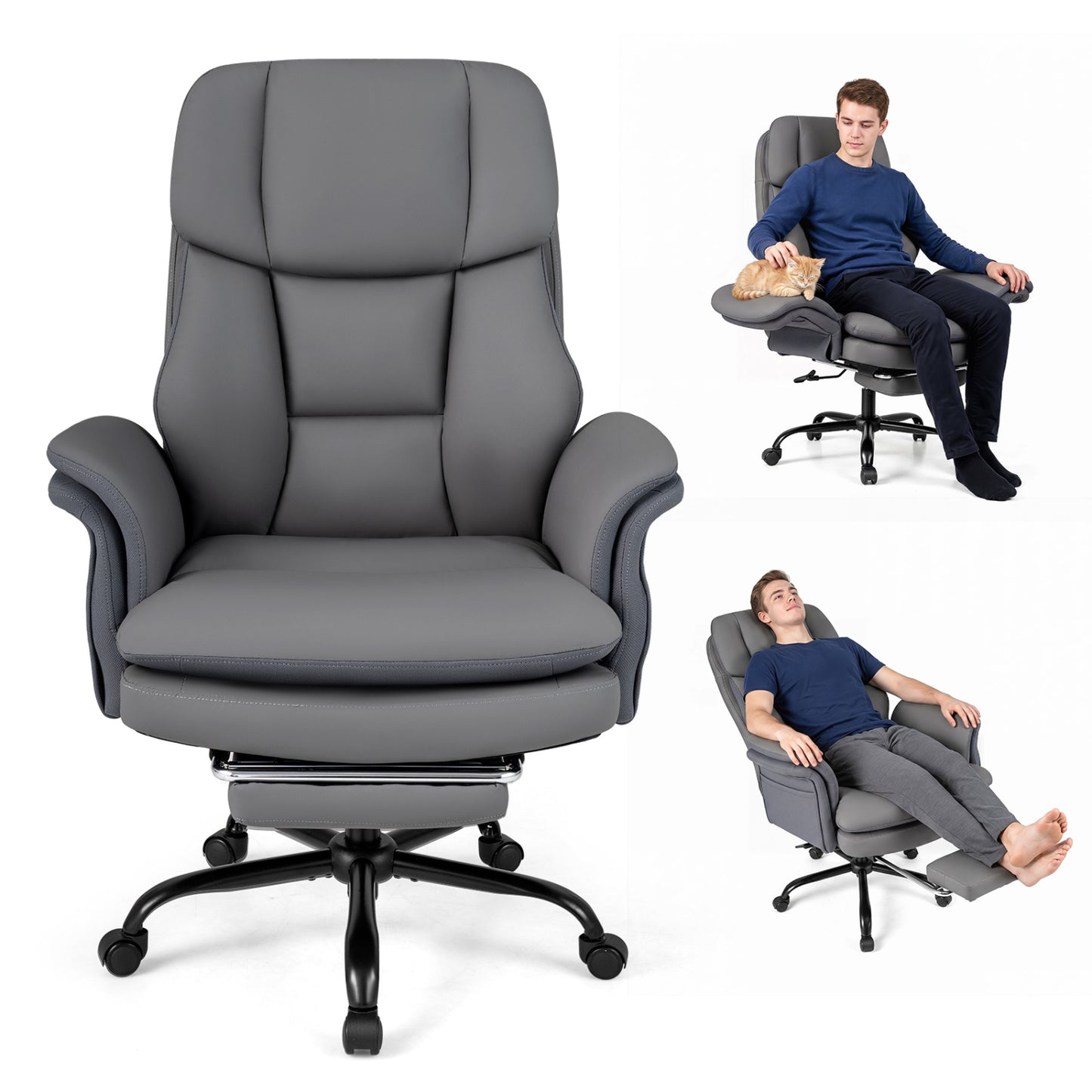 Ergonomic Cross Legged Office Chair Big and Tall Executive Chair with Retractable Footrest-Black