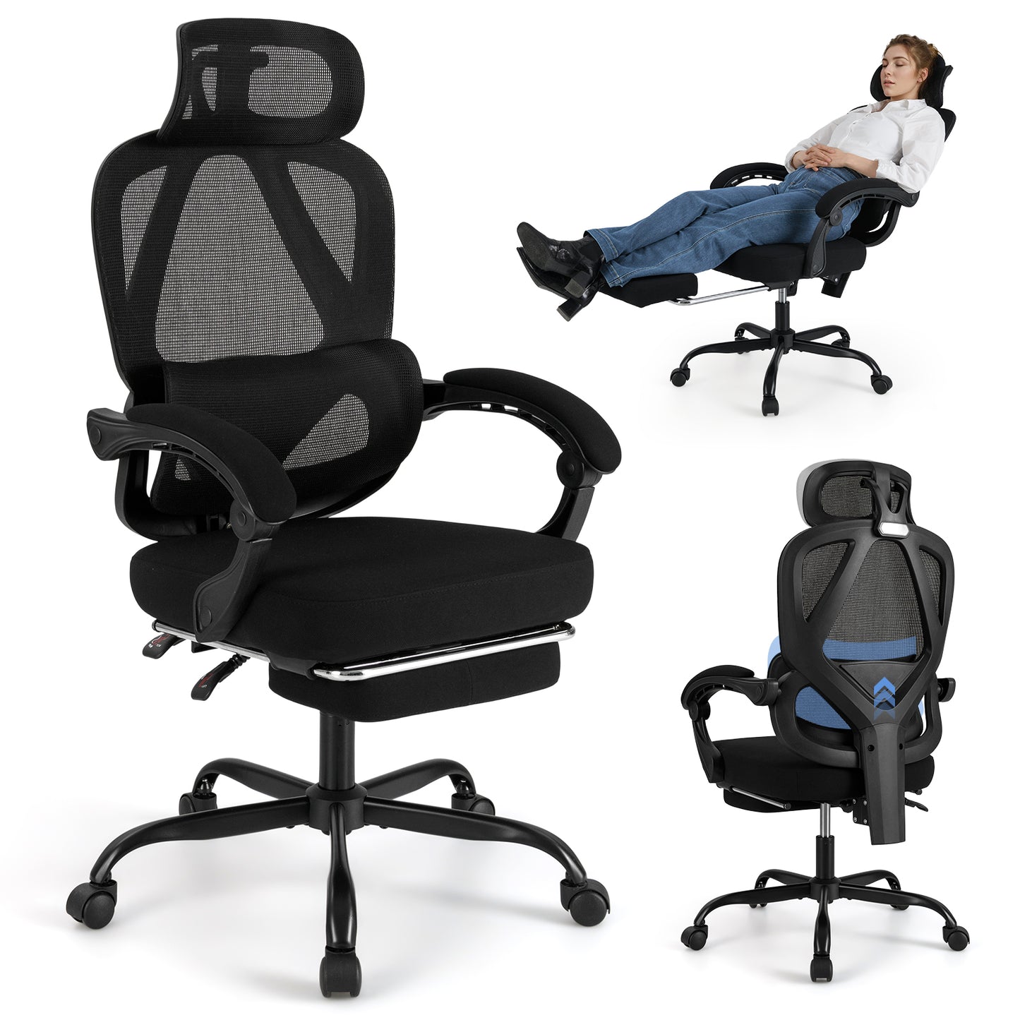 Ergonomic Office Chair High Back Mesh Desk Chair with Retractable Footrest-Black