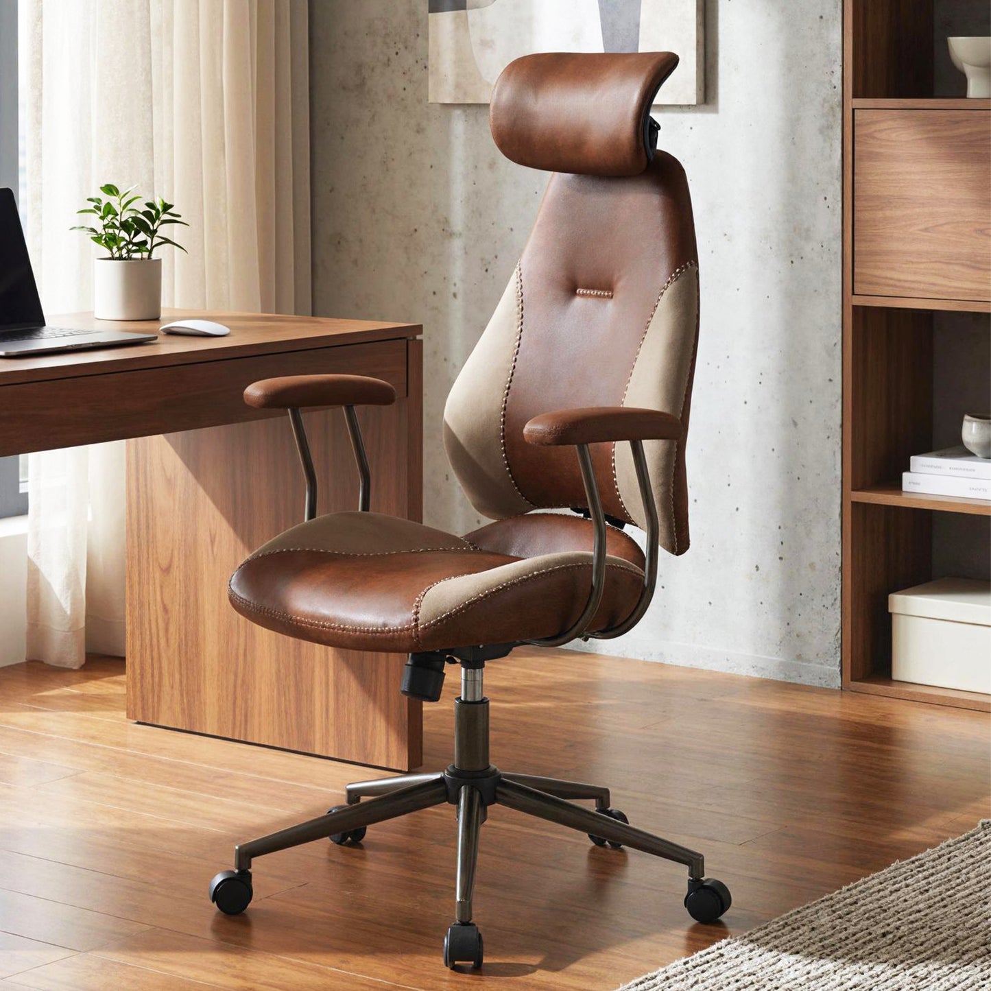 Ergonomic Office Chair Computer Desk Chair with 2D Headrest and Rocking Backrest-Brown
