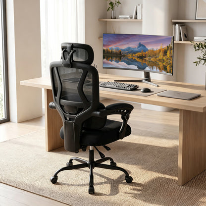 Ergonomic Office Computer Mesh Chair with High Back Adaptive Lumbar Support and 2D Adjustable Headrest-Black
