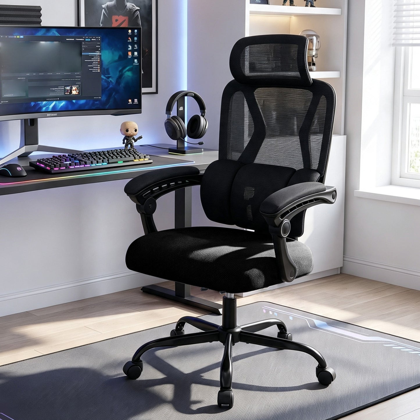 Ergonomic Office Computer Mesh Chair with High Back Adaptive Lumbar Support and 2D Adjustable Headrest-Black