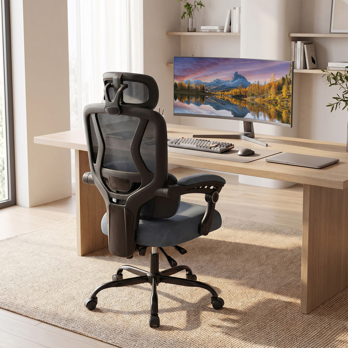 Ergonomic Office Computer Mesh Chair with High Back Adaptive Lumbar Support and 2D Adjustable Headrest-Black