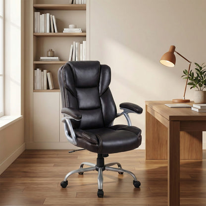 Executive Office Chair Leather Ergonomic Computer Desk Chair with Padded Seat and Armrests-Black