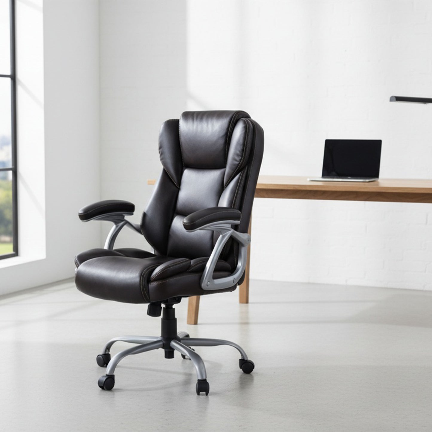Executive Office Chair Leather Ergonomic Computer Desk Chair with Padded Seat and Armrests-Black