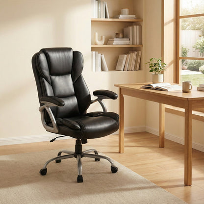 Executive Office Chair Leather Ergonomic Computer Desk Chair with Padded Seat and Armrests-Black