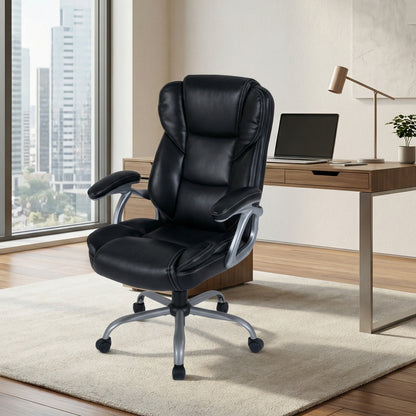 Executive Office Chair Leather Ergonomic Computer Desk Chair with Padded Seat and Armrests-Black