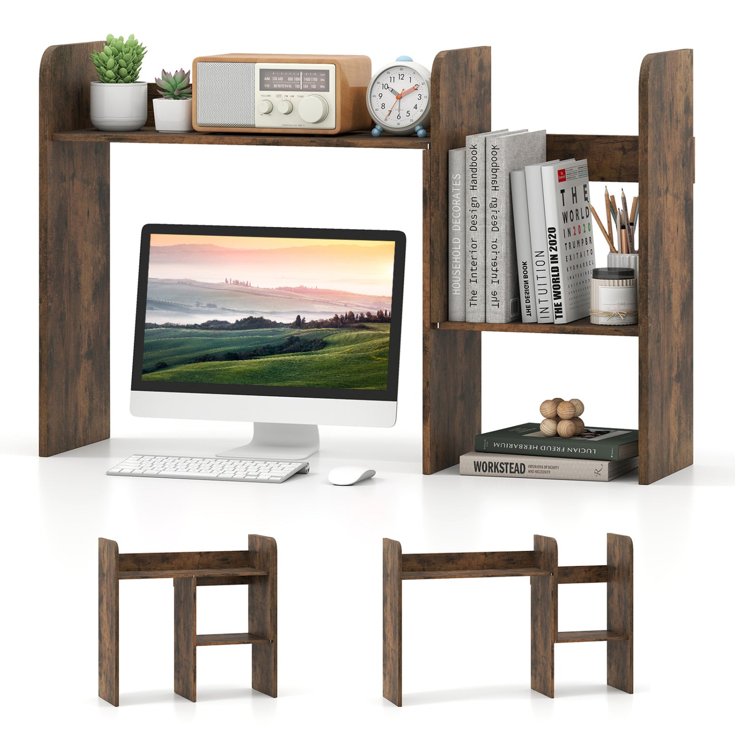 Expandable Desk Bookshelf with Open Cubes and Desktop Display Rack-Rustic Brown