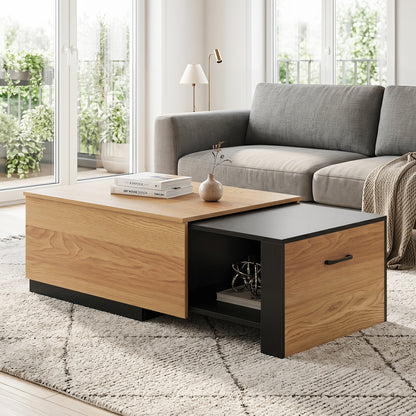 Natural extendable coffee table by Wilsons Home Store with concealed storage, featuring a sleek natural wood finish for living room decor.