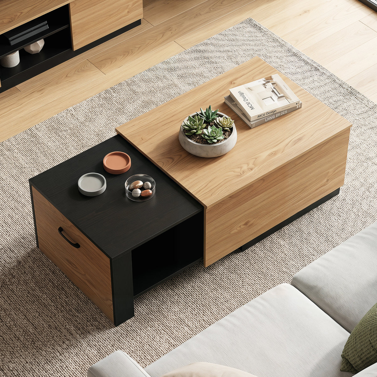 Extendable coffee table by Wilsons Home Store with natural wood finish and concealed storage compartment in a modern living room setting.