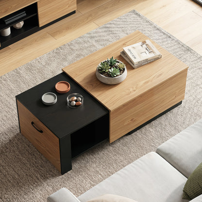 Extendable coffee table by Wilsons Home Store with natural wood finish and concealed storage compartment in a modern living room setting.