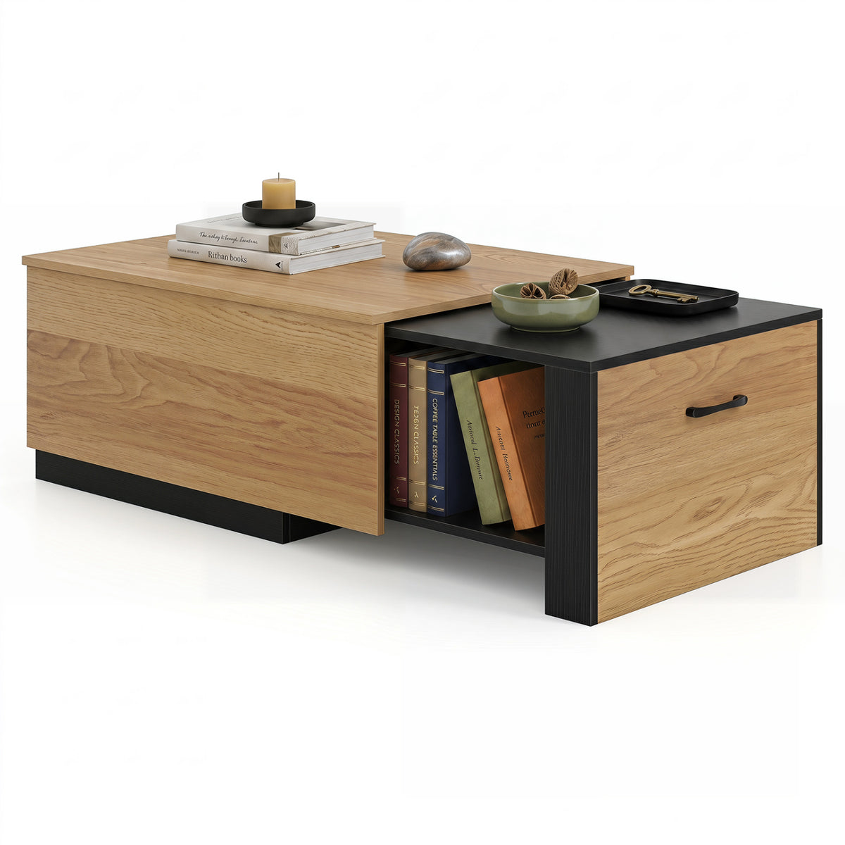 Extendable natural coffee table from Wilsons Home Store with concealed storage compartment, ideal for living room organization.