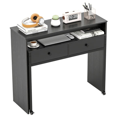 Extendable Computer Desk with 2 Storage Drawers Convertible Home Office Rolling Study Writing Desk-Black