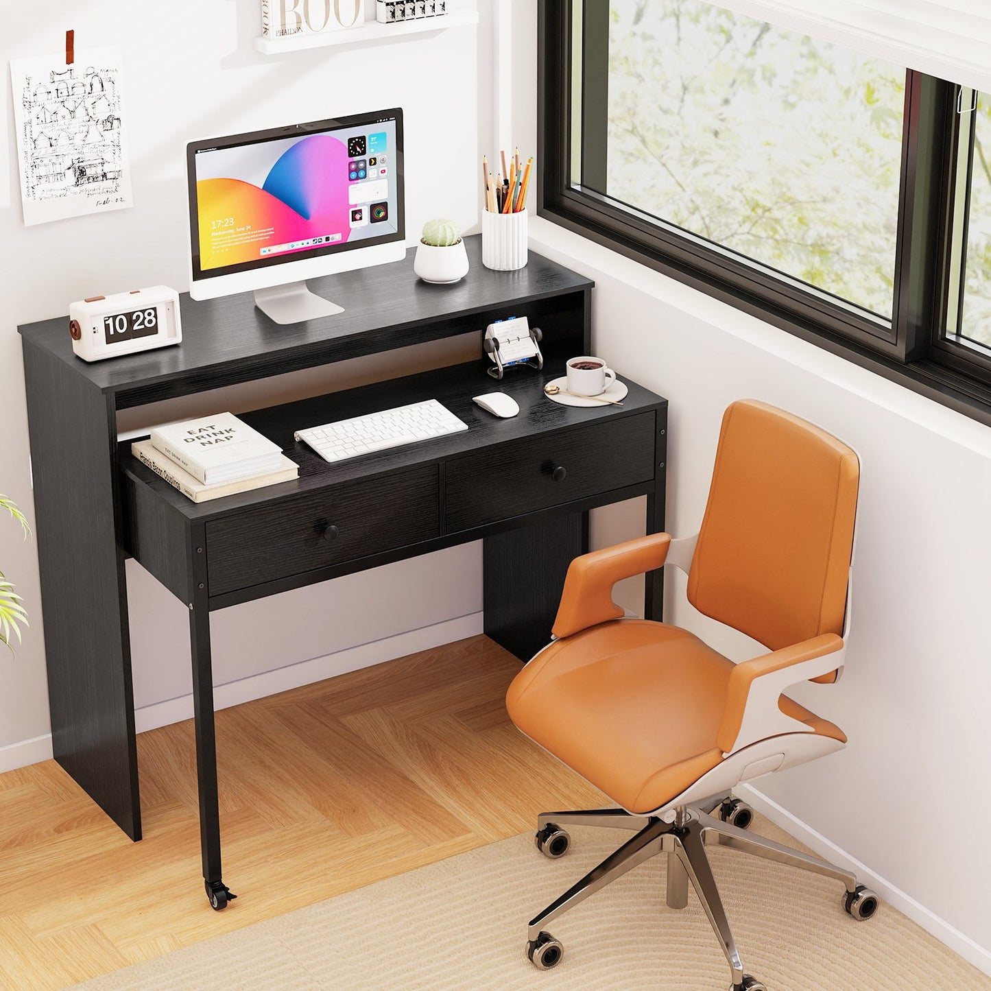 Extendable Computer Desk with 2 Storage Drawers Convertible Home Office Rolling Study Writing Desk-Black