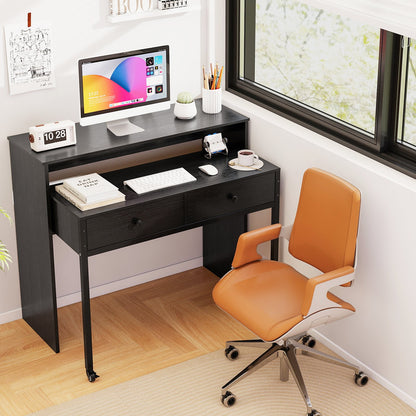 Extendable Computer Desk with 2 Storage Drawers Convertible Home Office Rolling Study Writing Desk-Black