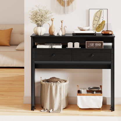 Extendable Computer Desk with 2 Storage Drawers Convertible Home Office Rolling Study Writing Desk-Black