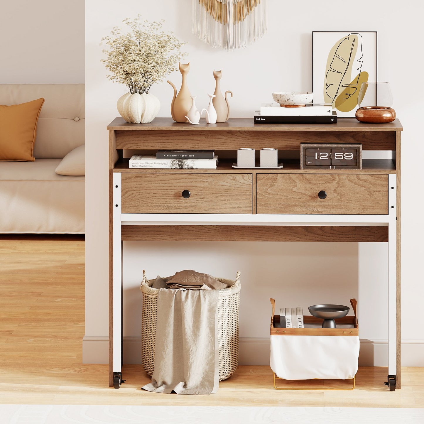 Extendable Computer Desk with 2 Storage Drawers Convertible Home Office Rolling Study Writing Desk-Black