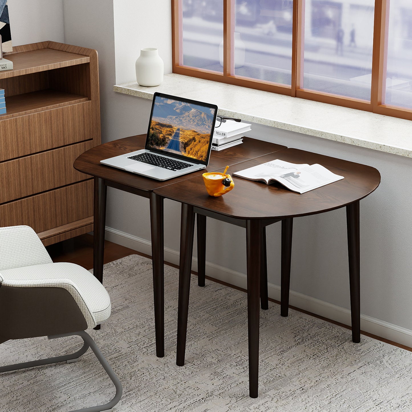 Extendable Oval Dining Table Set with 2 Half-Round Tables for 4-6 People-Black