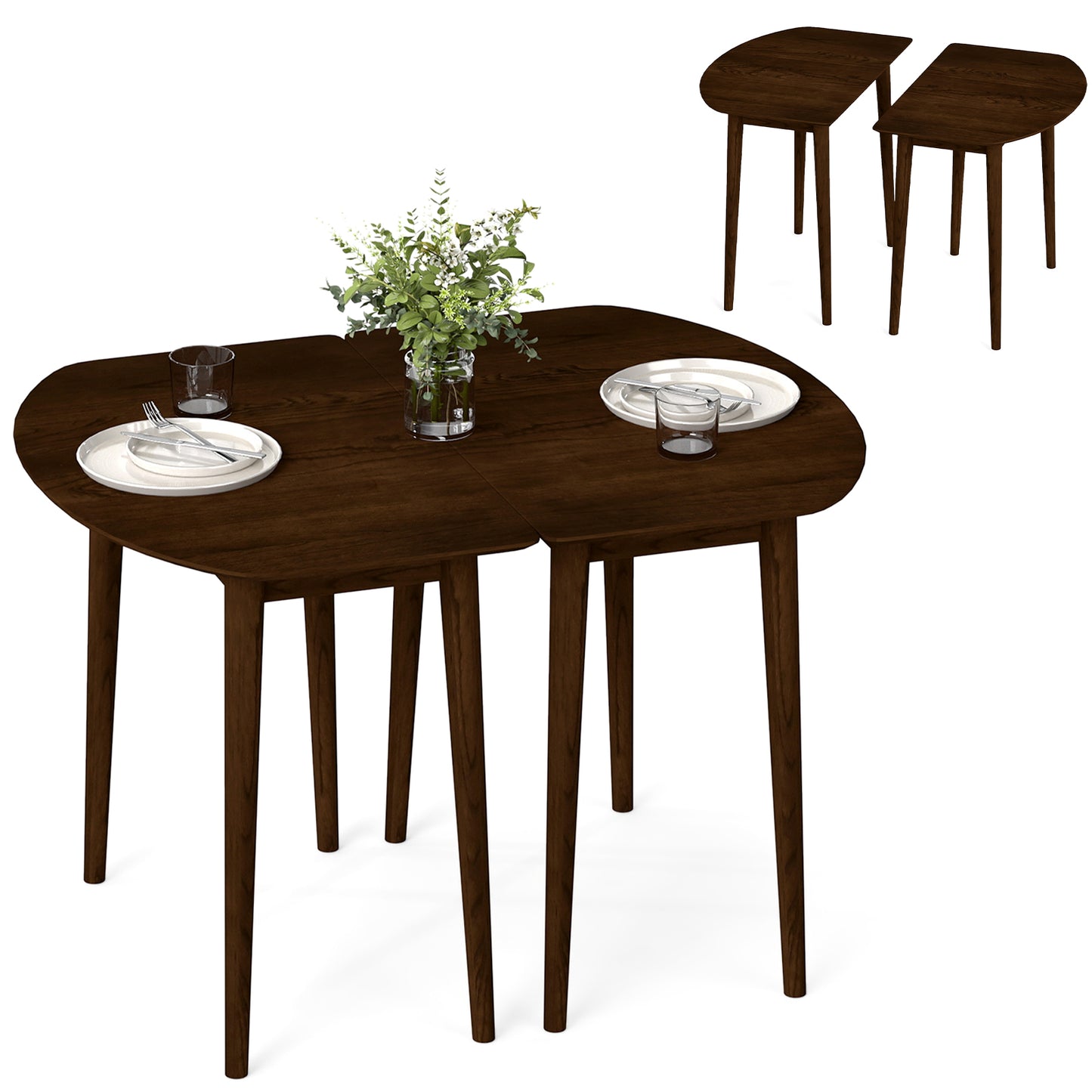 Extendable Oval Dining Table Set with 2 Half-Round Tables for 4-6 People-Black