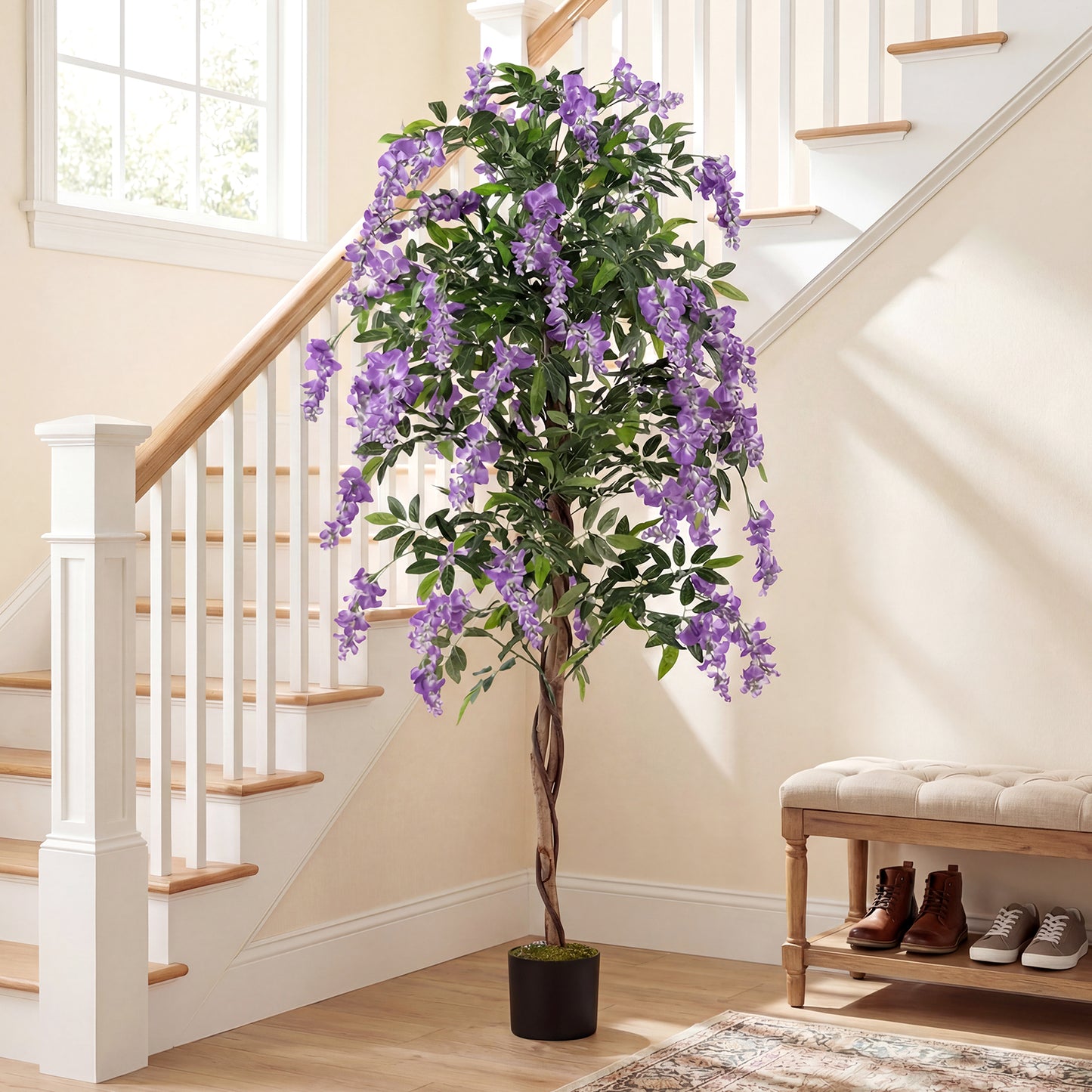 Fake Ficus Plant 6 FT Artificial Wisteria Tree with Natural Trunks and Purple Lifelike Flowers