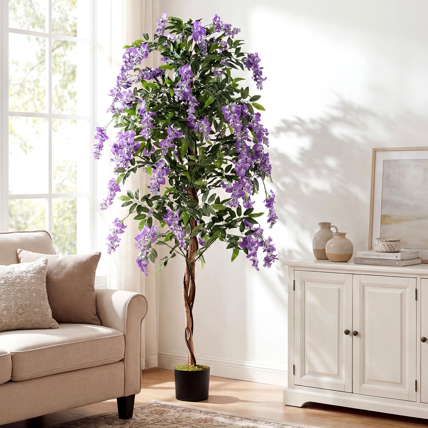 Fake Ficus Plant 6 FT Artificial Wisteria Tree with Natural Trunks and Purple Lifelike Flowers